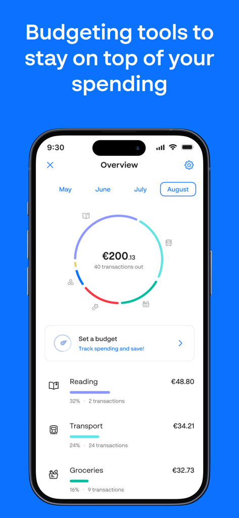 Monese Mobile-App-Schnittstelle mit einer monatlichen Ausgabenübersicht und kategorisierter Ausgabenverfolgung