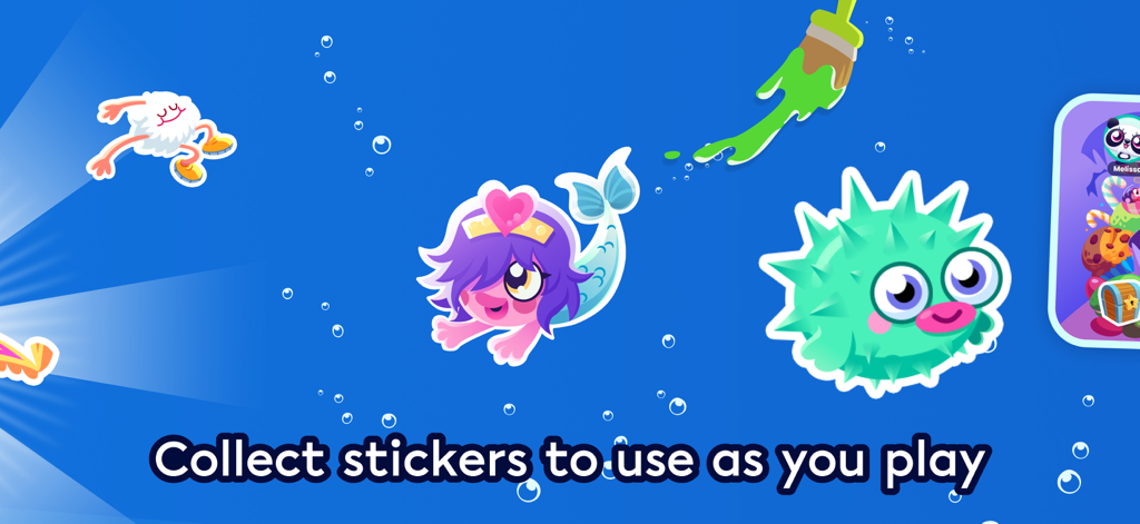 Colorful Moshi Monsters stickers like a mermaid and pufferfish floating on a blue underwater background with text saying collect stickers to use as you play