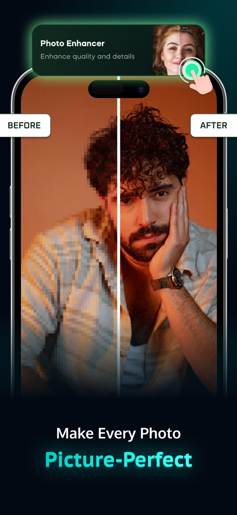 AI Image Generator - AI Tools - Una comparación antes y después que muestra un retrato pixelado transformándose en una imagen de alta definición usando el potenciador de fotos IA.