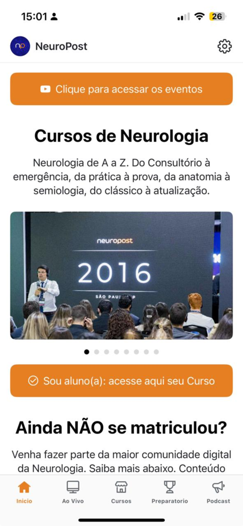 NeuroPost - Tela inicial do aplicativo NeuroPost exibindo cursos de neurologia e recursos educacionais