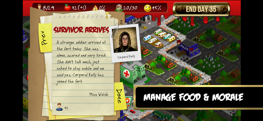 Rebuild - Rebuild game screenshot showing a survivor arrival notification and city management stats