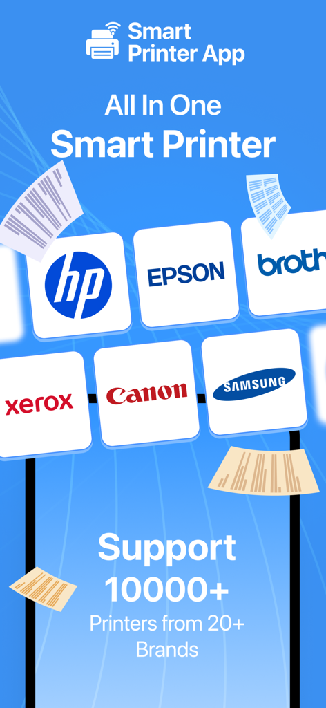 Smart Printer : Instaprint App - Interface showing the Smart Printer App supports over 10000 printers from major brands including HP Epson and Canon