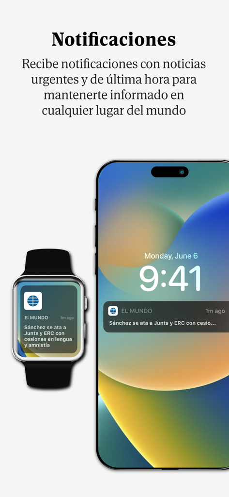 El Mundo - Diario online - Smartphone and smartwatch displaying breaking news notifications from the El Mundo app