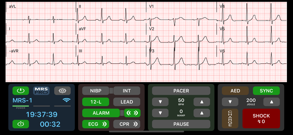 Medical Rescue Sim Pro - 12-lead ECG simulation interface with AED and pacer controls in Medical Rescue Sim Pro.