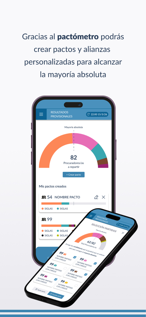 Elecciones CyL 2026 - Interfaz del pactometro en la aplicacion Elecciones CyL 2026 para simular coaliciones y mayorias.