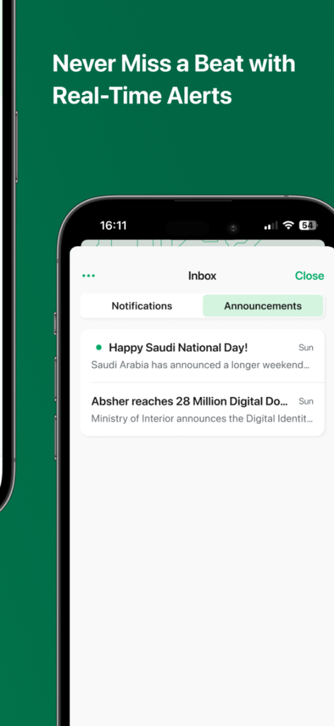 Absher app inbox screen displaying real-time alerts and announcements.