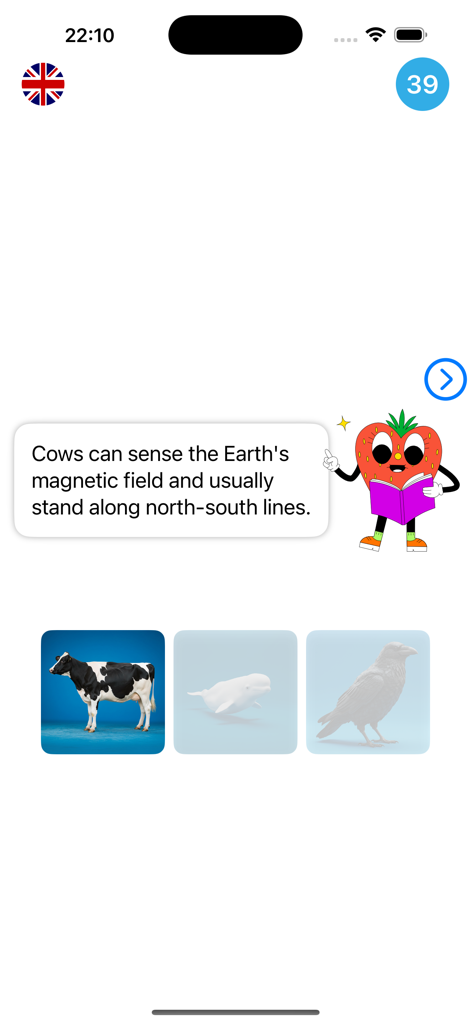 Animal Voice Challenge - Pantalla de trivia en Animal Voice Challenge mostrando un dato sobre vacas y opciones de animales