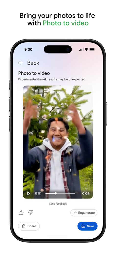 Schermata dello smartphone che mostra la funzione AI Foto su Video di Google Foto con un uomo sorridente e particelle animate.