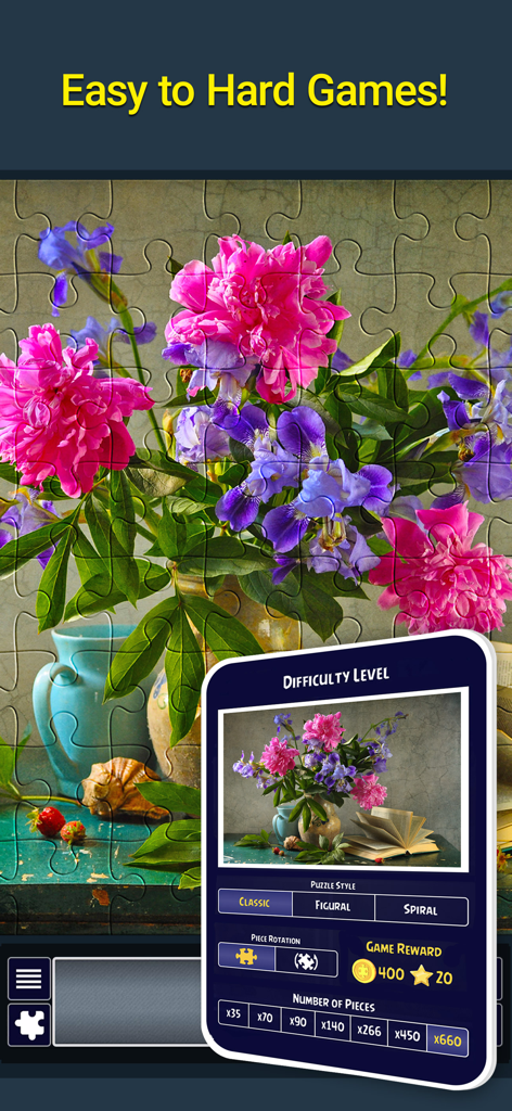 Jigsaw Puzzle Crown for Adults - Screenshot of Jigsaw Puzzle Crown app showing difficulty level settings and a floral jigsaw puzzle in progress.