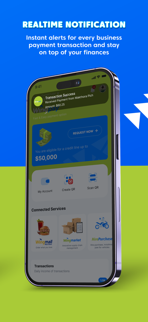 Wing Merchant - Wing Merchant app interface on a smartphone showing a successful payment notification banner and business dashboard