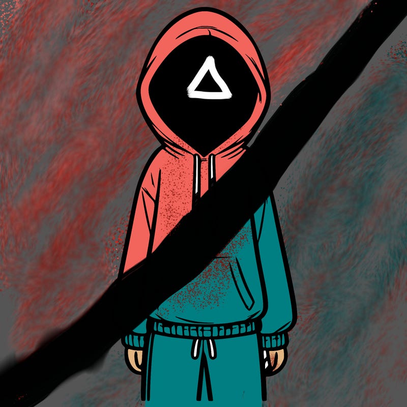 faceless girl in a tracksuit with a hood on and no hair