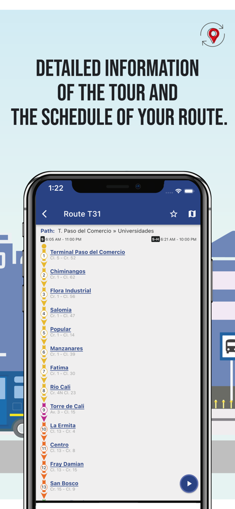 Rutas MIO app interface showing bus stations and schedules for Route T31 in Cali