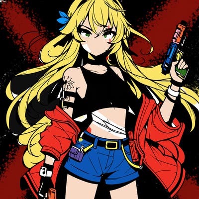 bad girl wearing crop top holding a gun long hair anime