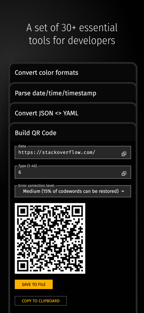 Developer Tools: Exabox - Interface of the Exabox developer tools app showing a QR code generator utility