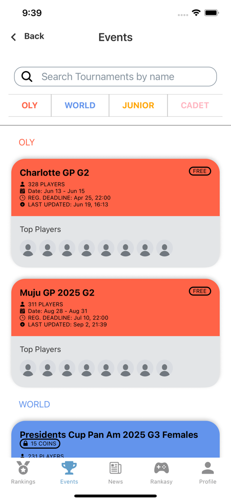 Rnker - Rnker 앱 이벤트 화면: 선수 수 및 등록 마감일과 함께 태권도 토너먼트 목록 표시