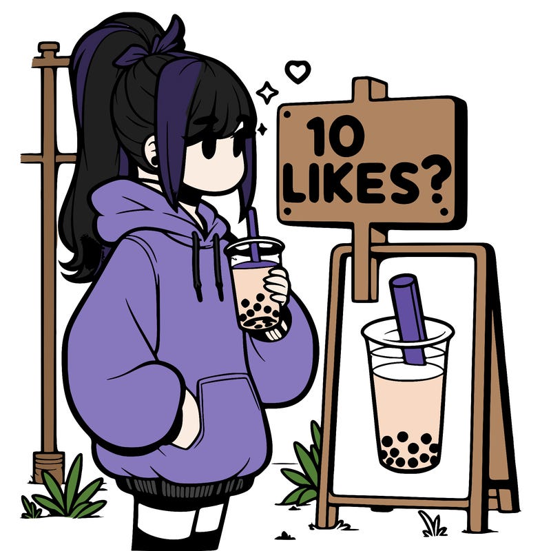 girl with oversized hoodie drinking boba and she has a high ponytail with a sign that says 10likes?