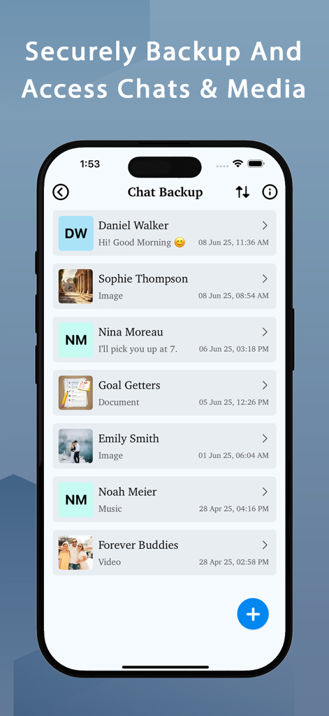 Photo Recovery - Backup & Edit - Smartphone screen displaying the chat backup feature of the Photo Recovery app showing a list of saved messages with media files.