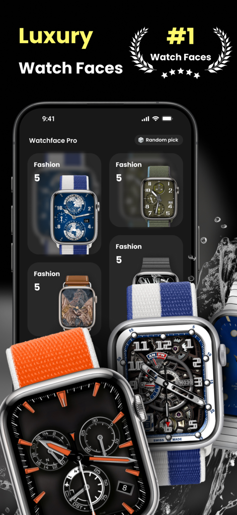 Luxury Watch Faces Watchology - A gallery of premium and luxury watch faces for Apple Watch shown on an iPhone and multiple watch devices