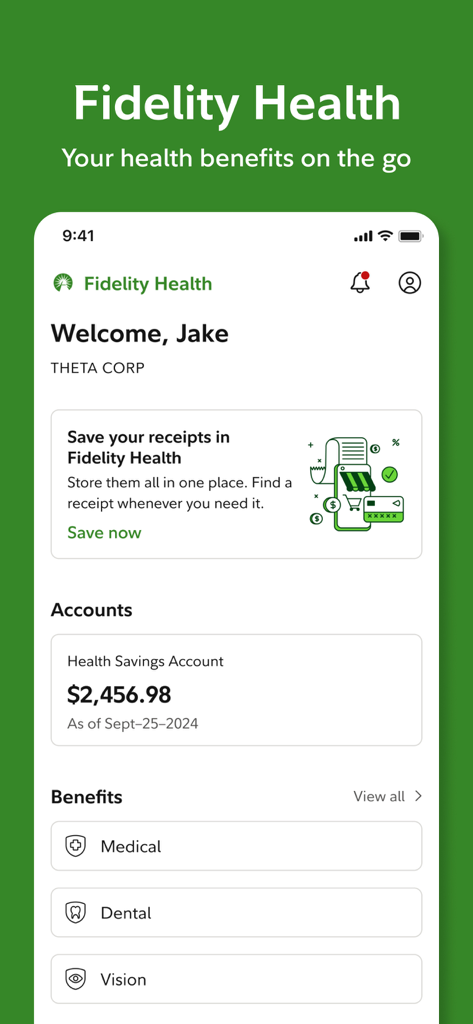 Fidelity Health® - 健康貯蓄口座の残高と保険給付を示すFidelity Healthアプリのダッシュボード