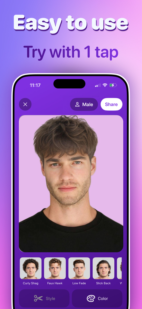 HairLab: Hair Cut Filter Color - Interfaz de la aplicación HairLab que muestra la prueba virtual de peinados masculinos con varias opciones de peinado
