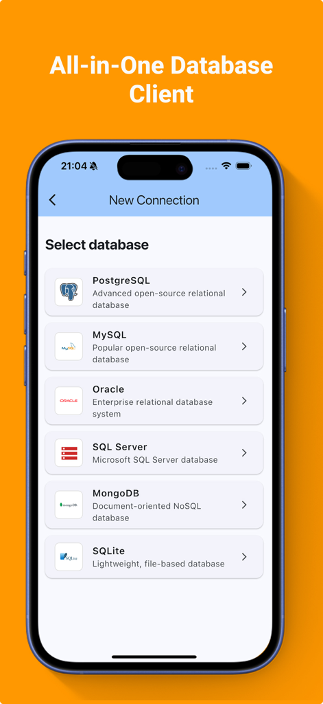 DBeavers – SQL & NoSQL Client - Mobile app interface of DBeavers showing a list of supported databases including PostgreSQL, MySQL, Oracle, and MongoDB for new connections.