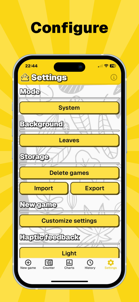 MyScoreTracker – Score Counter - App settings screen for MyScoreTracker showing customization and storage options