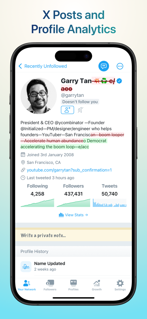 Who Unfollowed Me on X/Twitter - Mobile app interface displaying detailed X profile analytics including follower counts and profile history tracking
