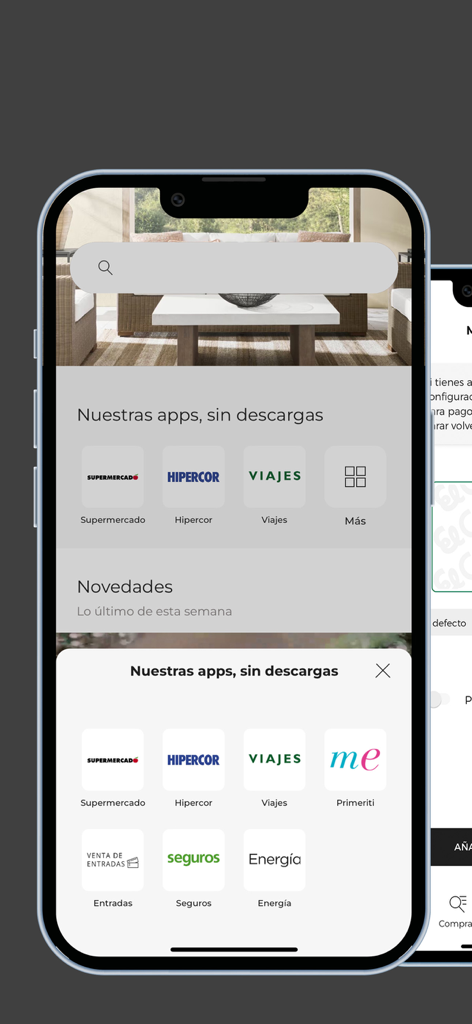El Corte Inglés - Mobile screen showing El Corte Ingles app with a selection of integrated services including supermarket travel and insurance