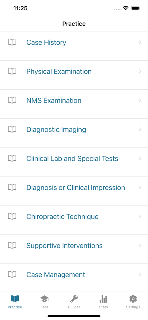 Chiropractic Boards 3 - Tela de prática mostrando uma lista de assuntos de estudo para o exame de quiropraxia, como Exame Físico e Imagem Diagnóstica.