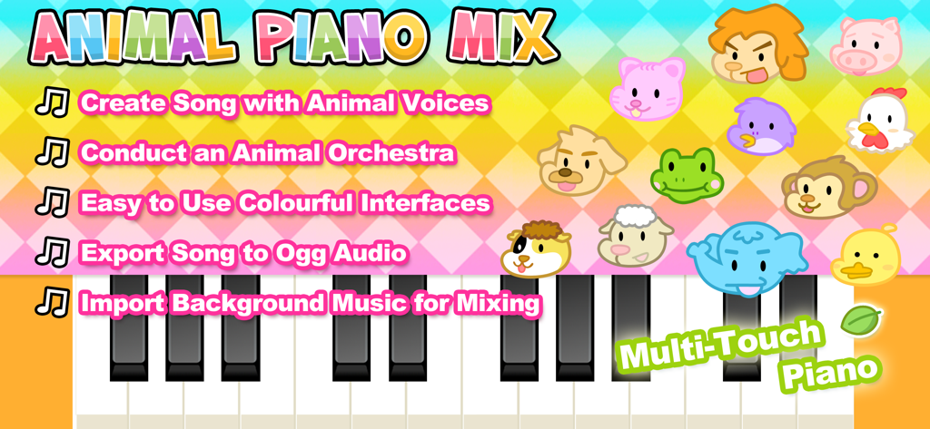 Interface de l'application Animal Piano Mix présentant des touches de piano avec des sons d'animaux et des outils de création musicale