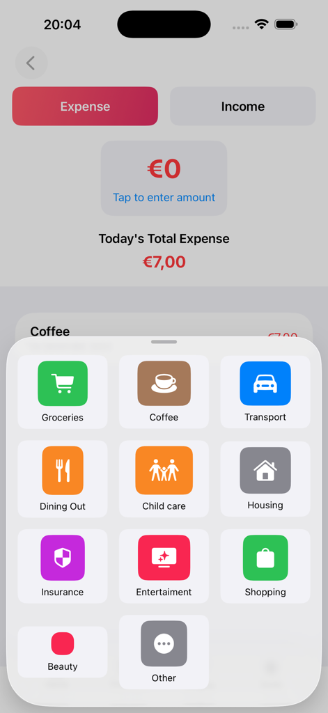 WealthRise - WealthRise app interface showing categories for manual expense tracking