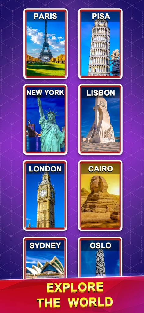 Word Trip Connect Puzzle Games - A collection of world landmarks cards like the Eiffel Tower and Statue of Liberty for the Word Trip Connect game