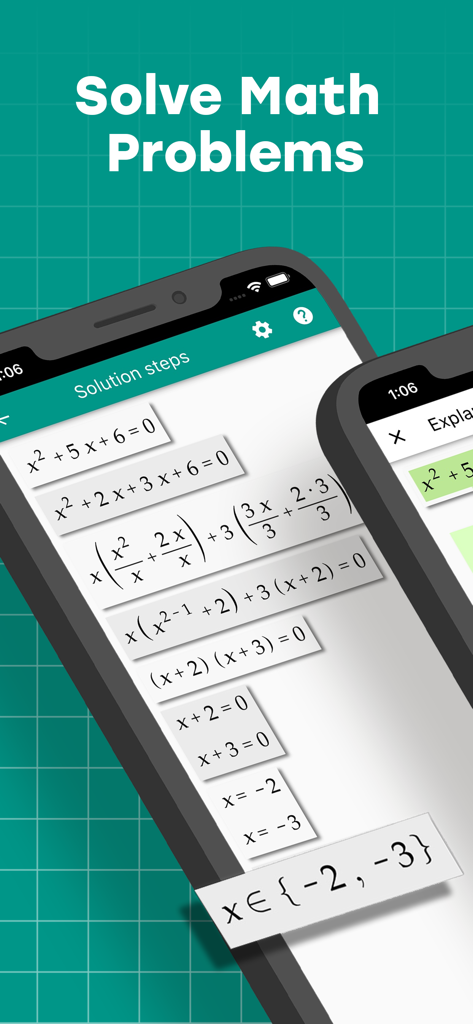 Smartphone screen showing Algebrator app solving a quadratic equation step by step.