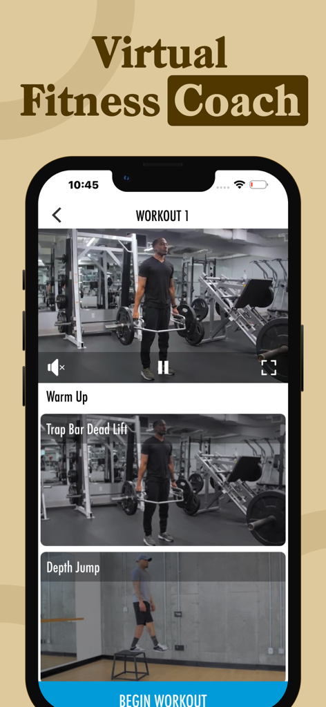 Parkour Trainings & workouts - Mobile app interface of Parkour Trainings showing a virtual fitness coach with video demonstrations of trap bar deadlifts and depth jumps.