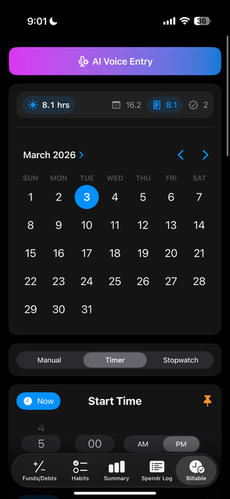 Budget Hive - Interfaccia dell'app Budget Hive che mostra la scheda Fatturabile con una vista calendario, pulsante Immissione Vocale AI e controlli del timer per freelance.