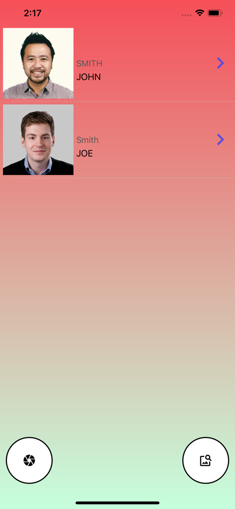 Business Card Reader, Scanner - Mobile app interface displaying a list of scanned contacts with names and profile photos
