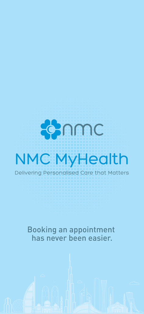 Écran de démarrage de l'application mobile NMC MyHealth présentant le logo de l'entreprise et le slogan sur un fond bleu clair avec une illustration de la ligne d'horizon de Dubaï