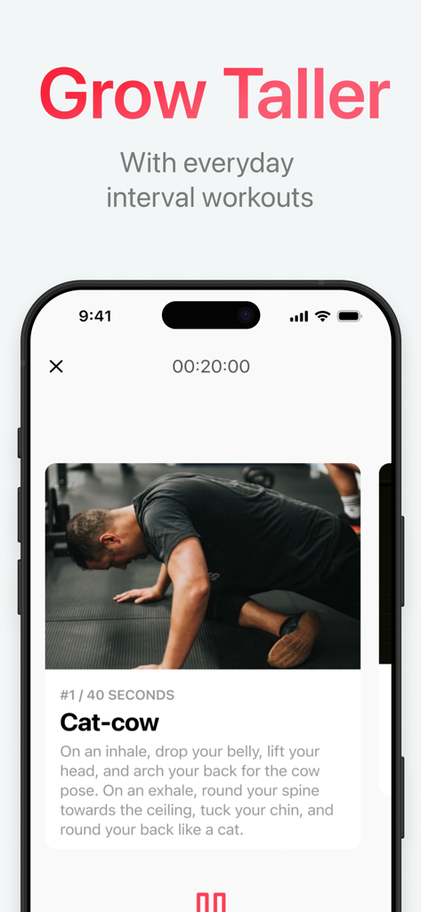 Height Increase: Correction - Smartphone display of a height increase workout showing a cat cow stretch exercise
