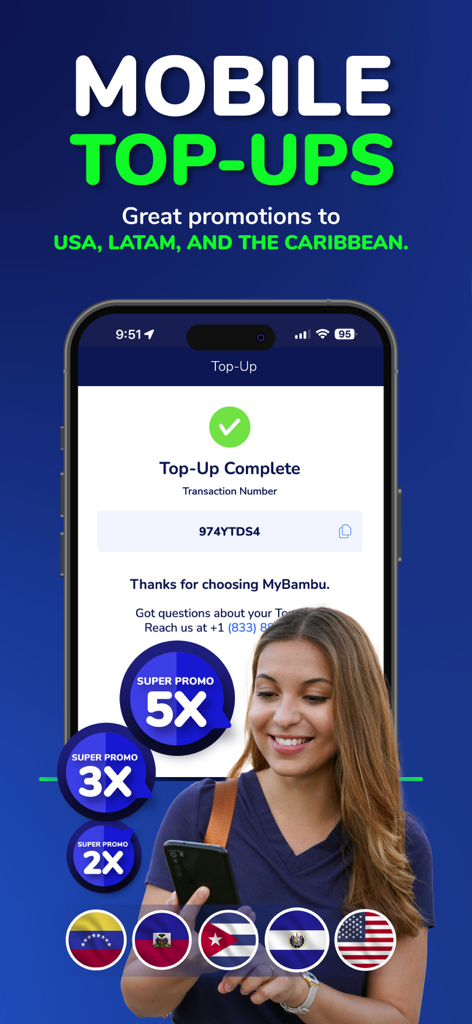 MyBambu - Promotional screen for MyBambu mobile top-ups showing a successful transaction and international flags.