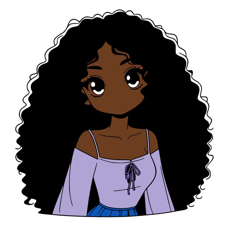 a black anime girl with long afro hair