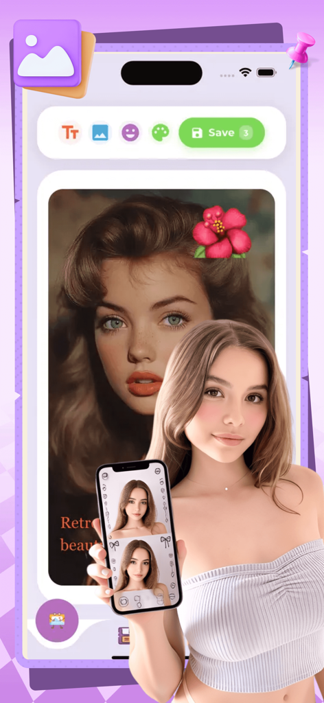 Jomil - Interface do aplicativo Jomil mostrando recursos de colagem de fotos e ícones de design criativo