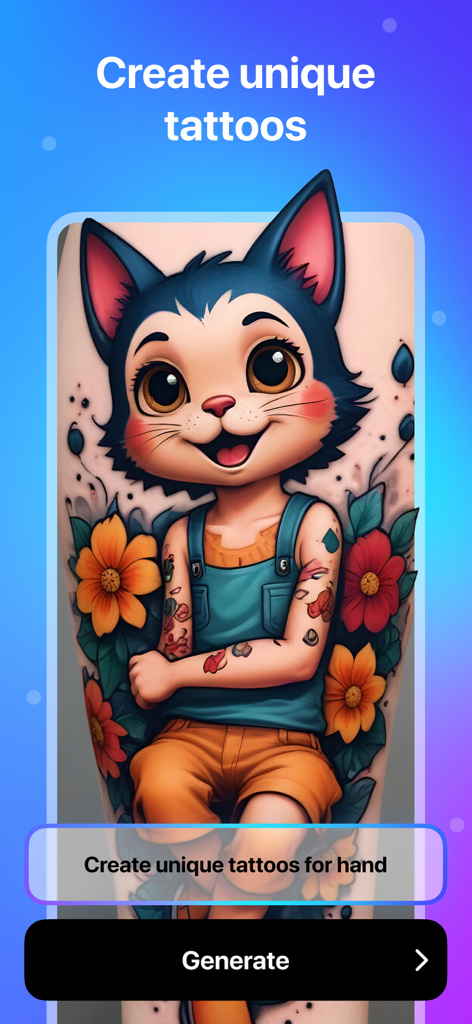 AI Figurine：AI Image Generator - モバイルアプリのインターフェースに表示されたAI生成の猫のタトゥーデザイン。