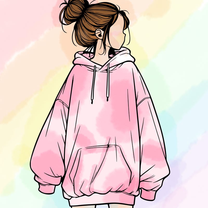 realistic girl with a oversized sweatshirt on and a bun