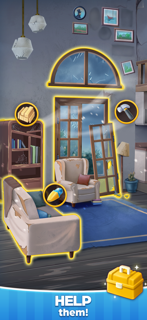 Une pièce délabrée avec des meubles cassés et des icônes de réparation pour le gameplay de rénovation intérieure