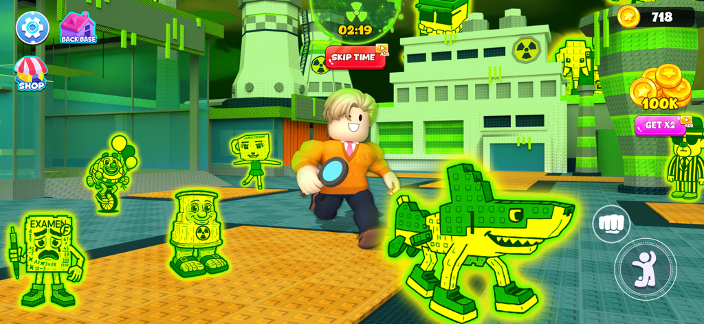 Get All Brainzot: Full Mod - Um personagem em um mundo de fábrica 3D blocoso procurando por criaturas de memes verdes brilhantes em Get All Brainzot Full Mod.