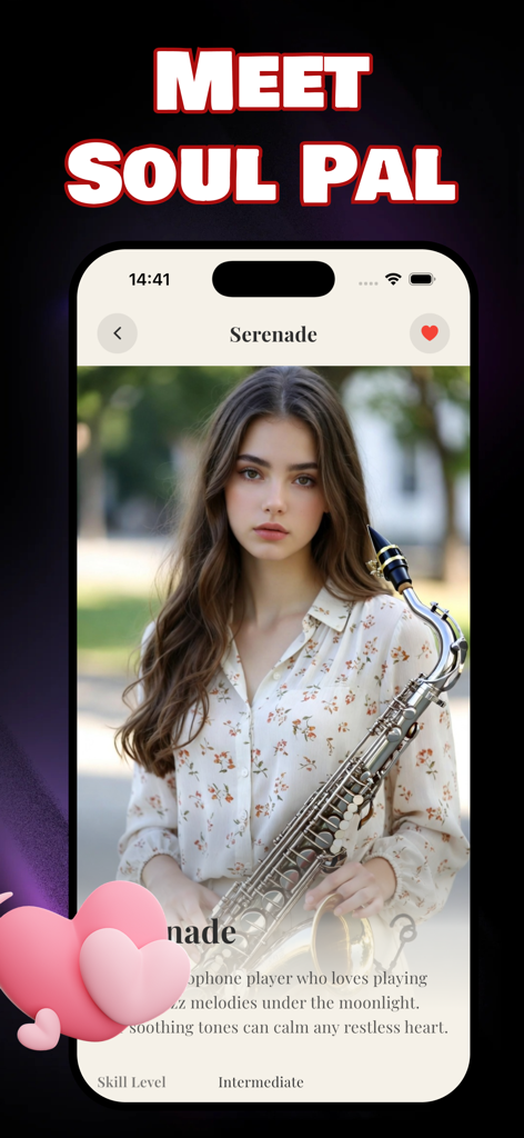 Saxin - Saxin app screen displaying an AI saxophone friend character profile named Serenade holding a saxophone