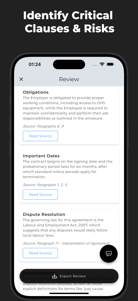Clearsign: Sign Documents & AI - Clearsign app screen showing AI analysis of contract clauses and risks