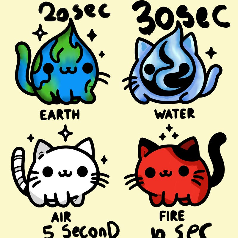 4 cats that represent the different elements, earth, water, air, and fire
