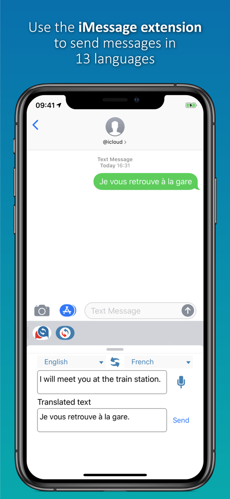 Voice Translator - Reverso - Interface of the Reverso Voice Translator app showing an English to French text translation within the iMessage extension.