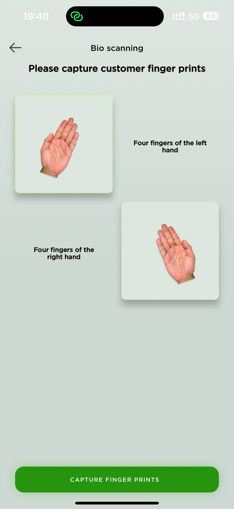 Biometric fingerprint capture screen for customer onboarding within the CRDB SmartBranch mobile application